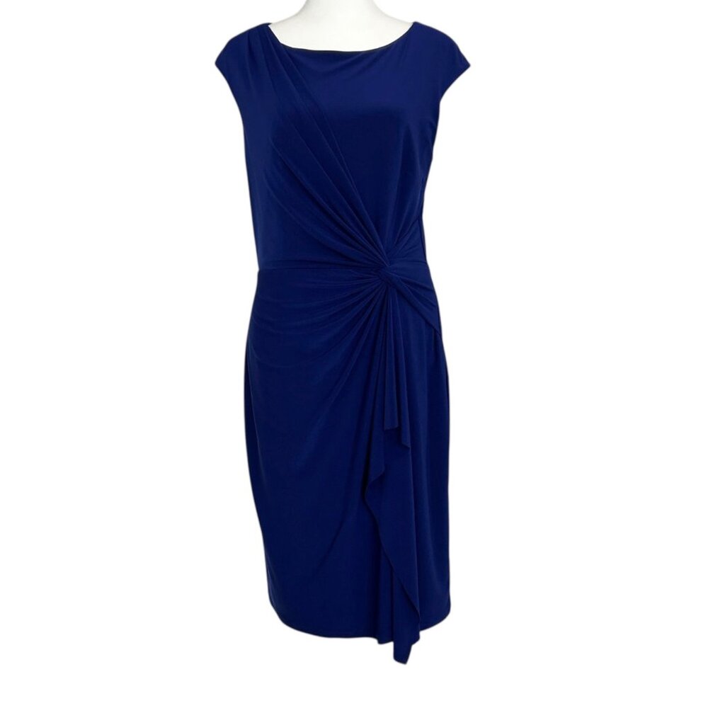 Lauren Ralph Lauren Royal Blue Cap Sleeve Draped Knot Faux Wrap Sheath Dress 12P